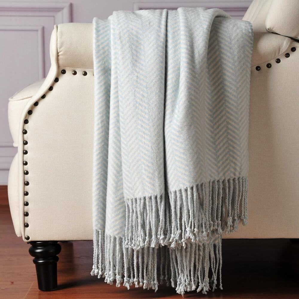 CUDDLE DREAMS Silk Throw Blanket w/ Hand-Knotted Fringe,‎ Herringbone Blue - NEW